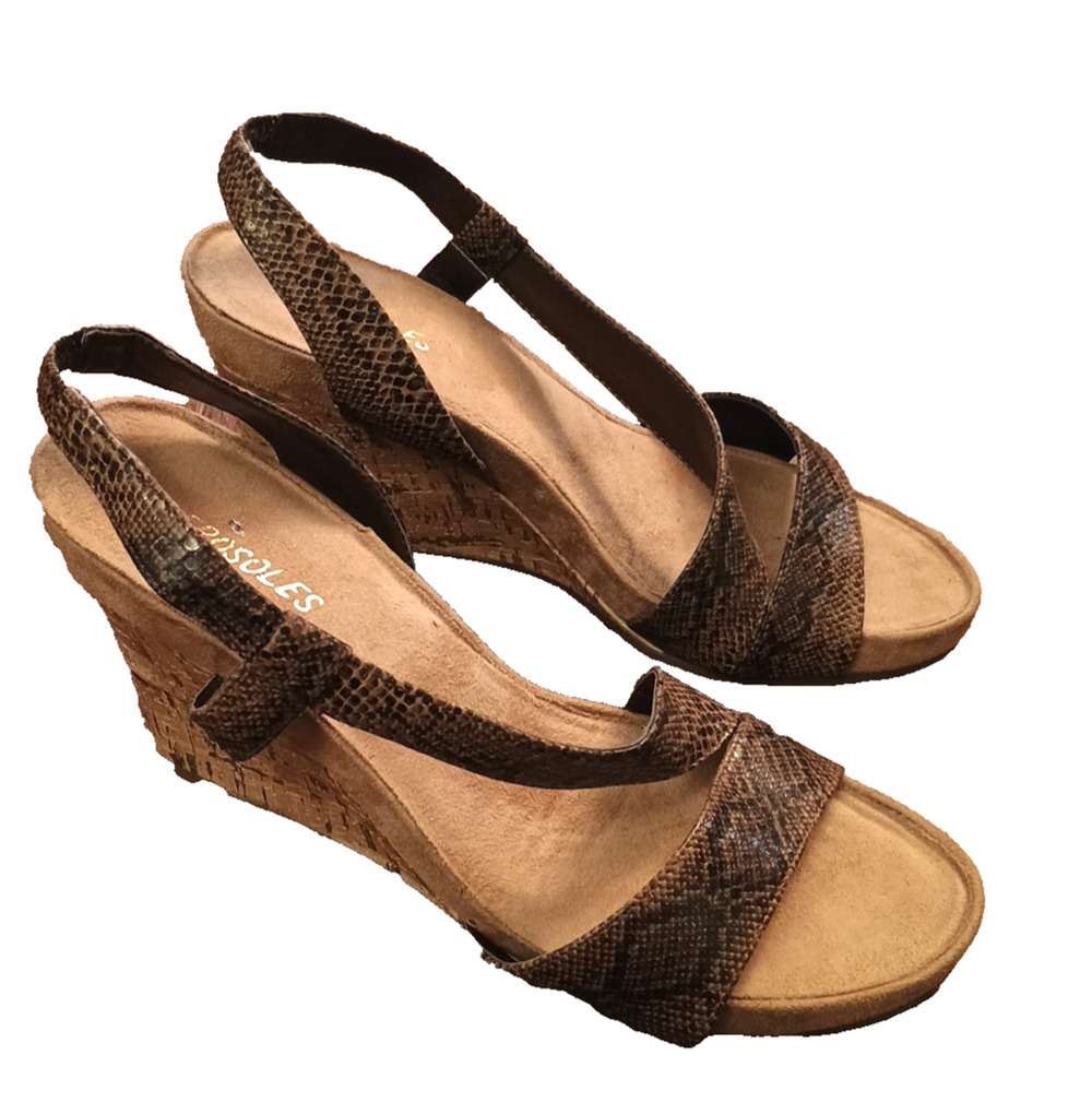 Aerosoles Snake Cork Slingback 4" Wedge Platform Sandals Brown size 9.5 EUC